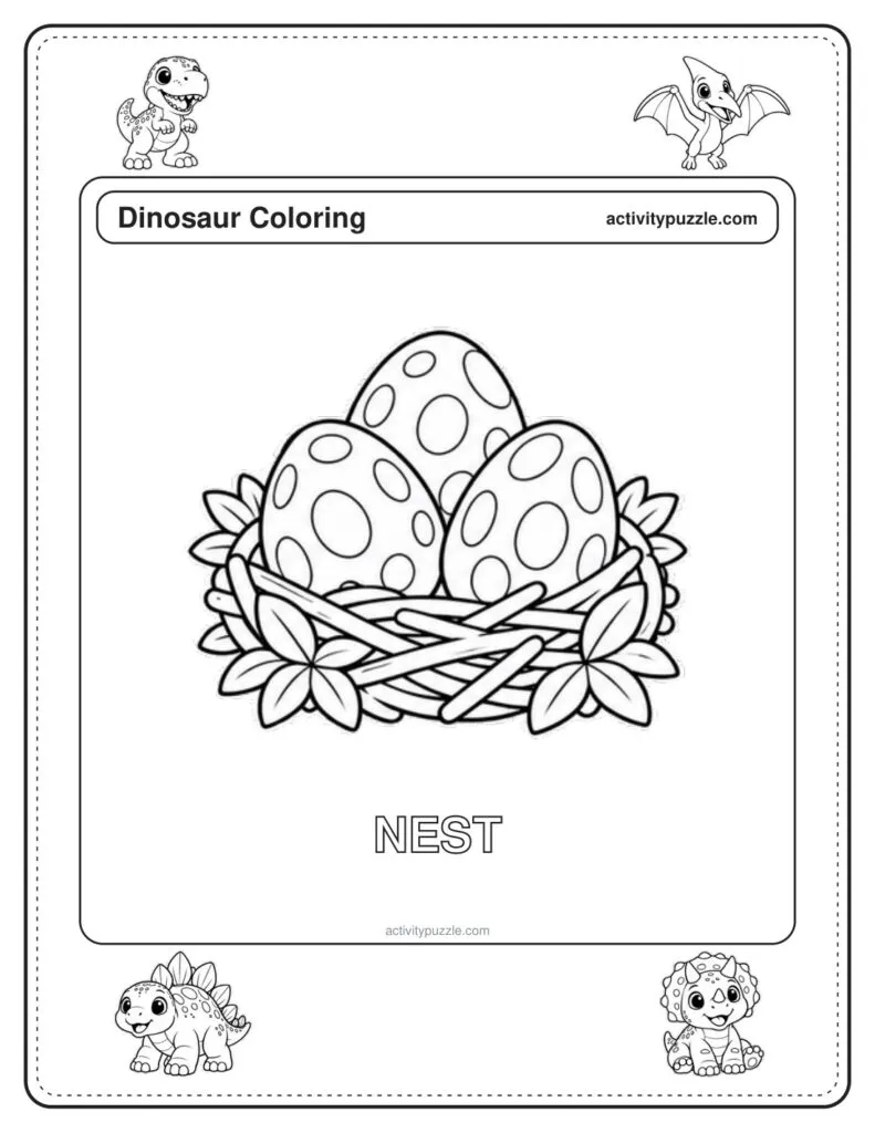 Dinosaur Nest coloring page for kids: a nest of twigs and leaves holding big dinosaur eggs, with the word NEST in outline letters