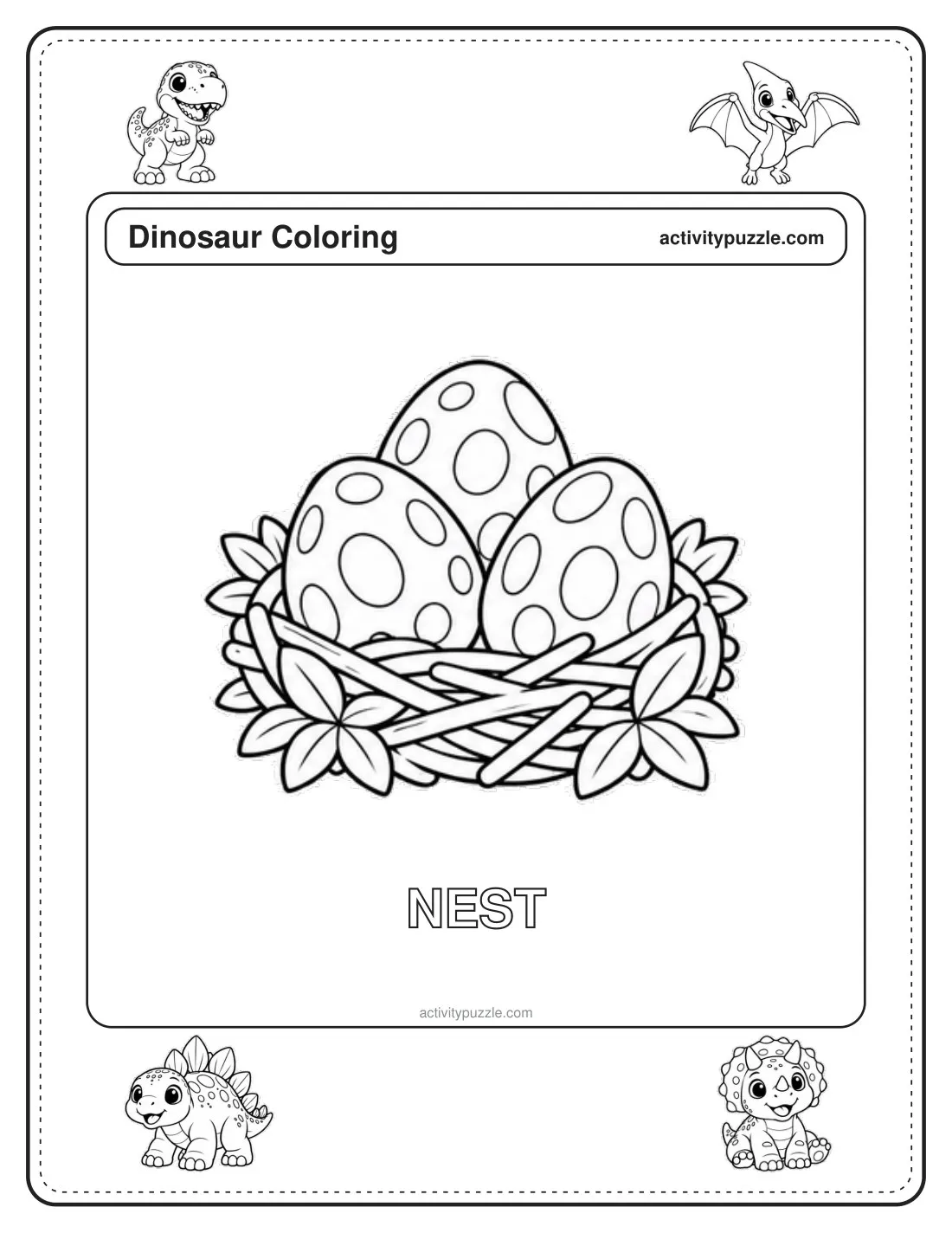 Dinosaur Nest coloring page for kids: a nest of twigs and leaves holding big dinosaur eggs, with the word NEST in outline letters