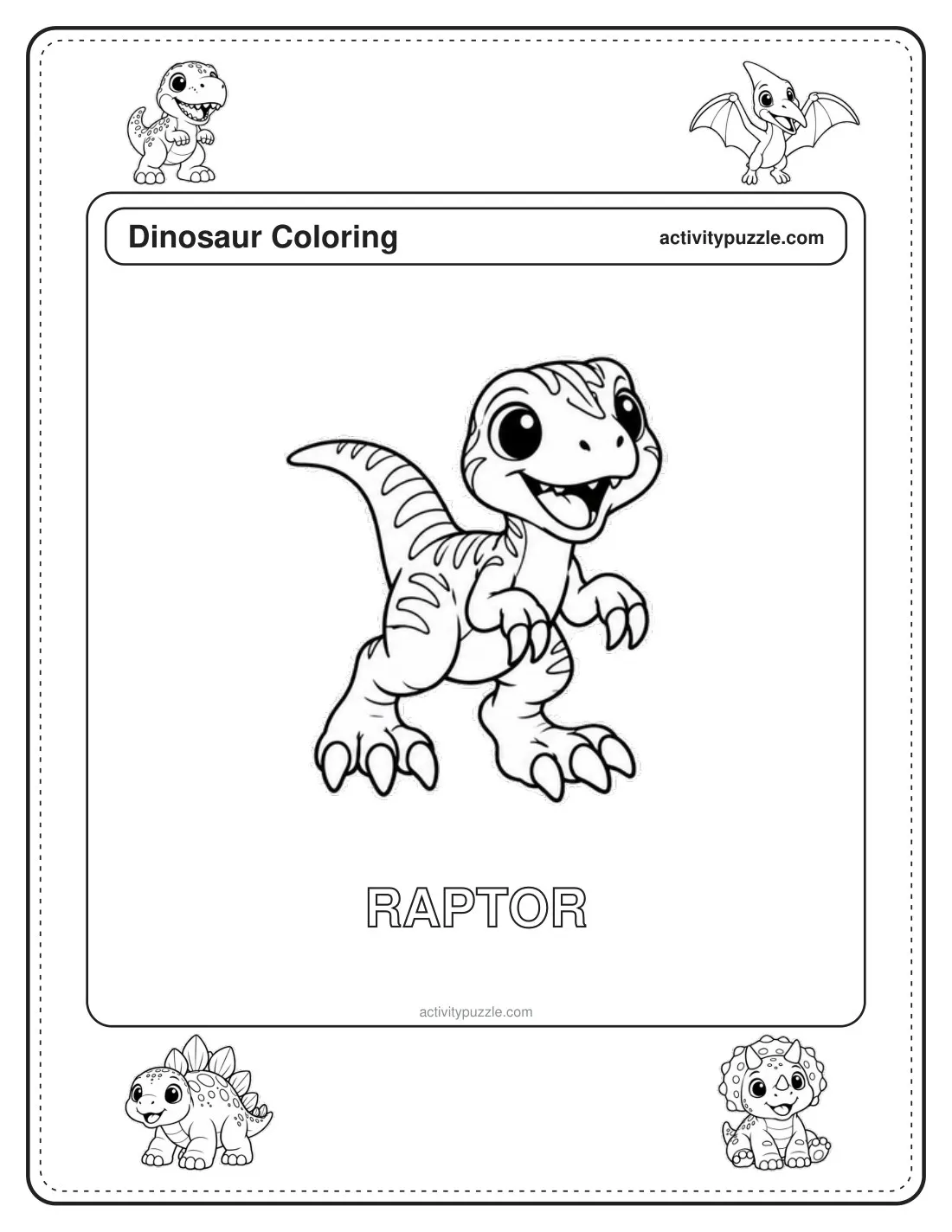 Raptor coloring page for kids: a speedy raptor standing on two legs, with claws and a grin, with the word RAPTOR in outline letters
