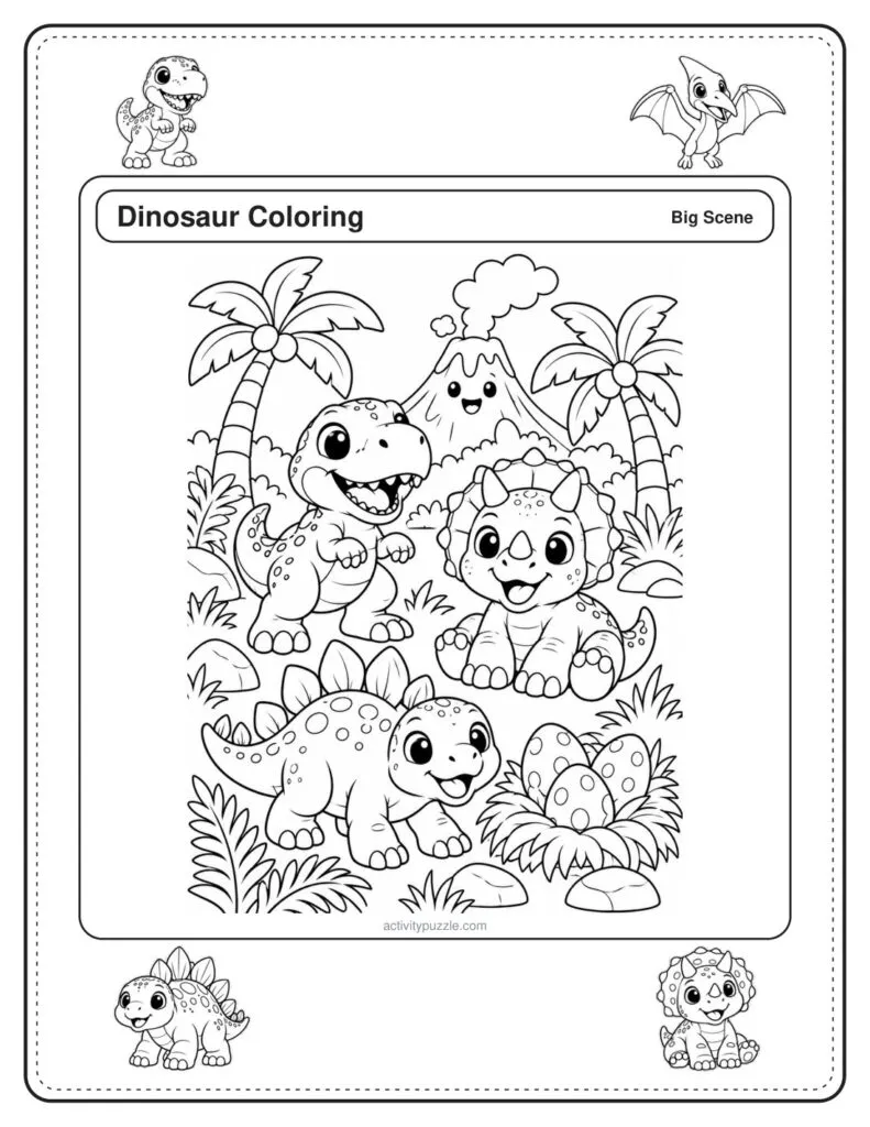 Dinosaur Scene coloring page for kids: a full-page jungle scene with palm trees, a volcano and friendly dinosaurs