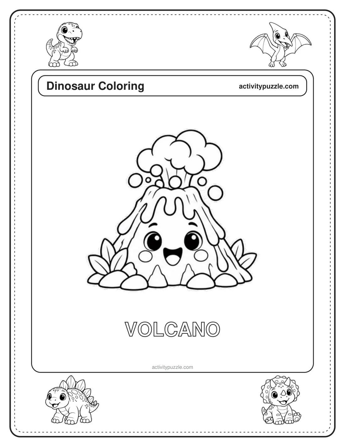 Volcano coloring page for kids: a smiling volcano puffing a little cloud of smoke, with the word VOLCANO in outline letters