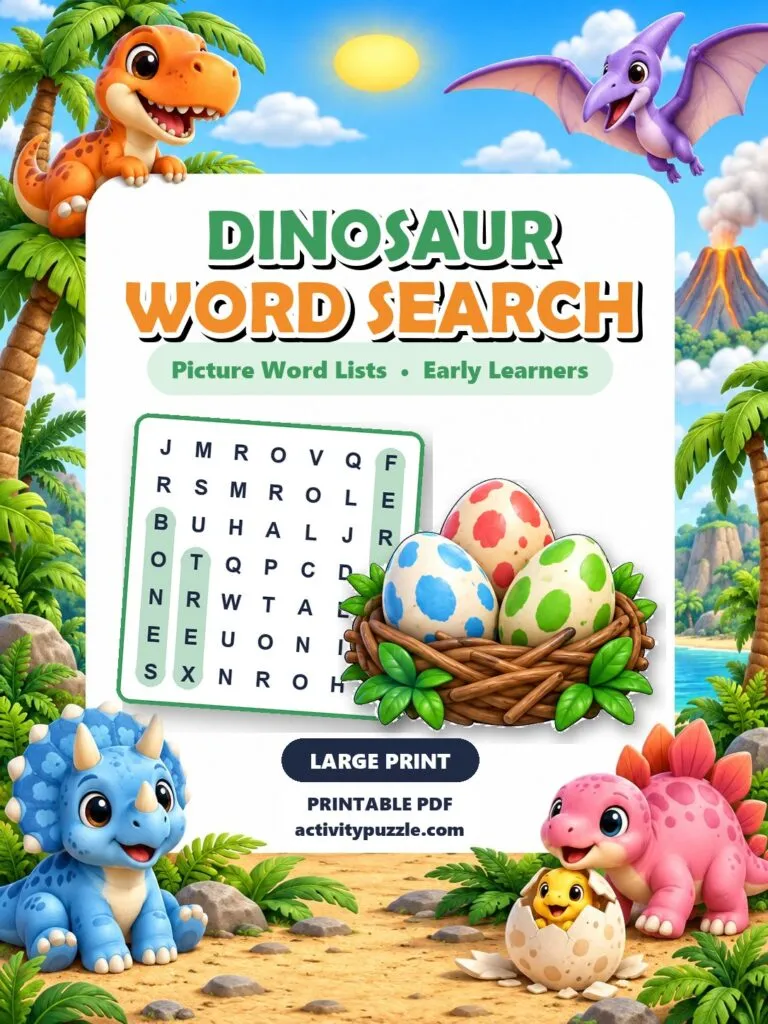 Dinosaur Picture Word Search Large Print (Early Learners) – printable PDF cover