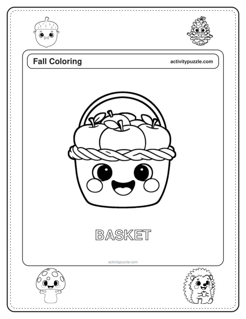 Apple Basket coloring page for kids: a basket of apples, with the word BASKET in outline letters
