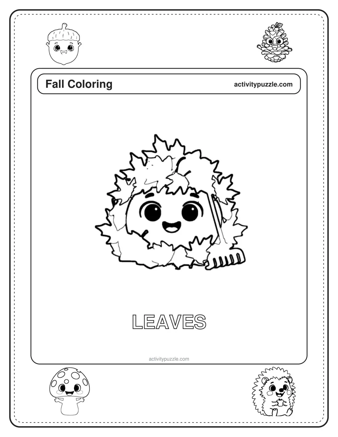 Autumn Leaves coloring page for kids: a pile of autumn leaves with a toy rake, with the word LEAVES in outline letters