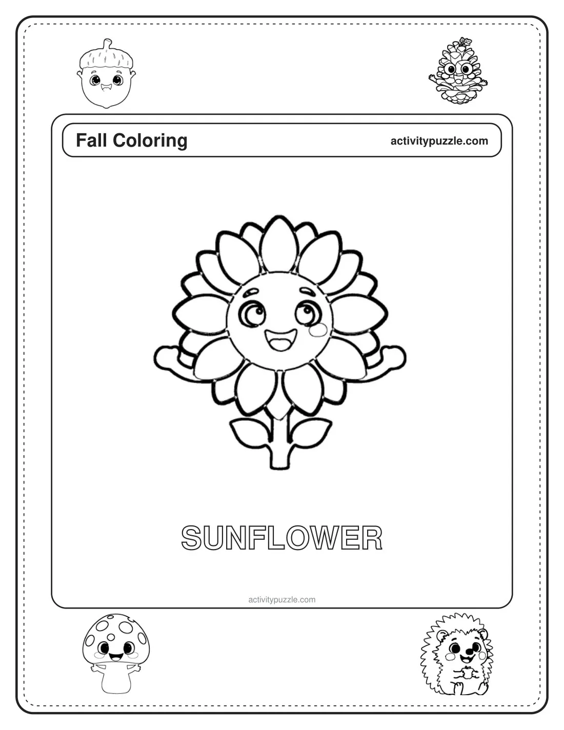 Sunflower coloring page for kids: a sunflower with a friendly face, with the word SUNFLOWER in outline letters