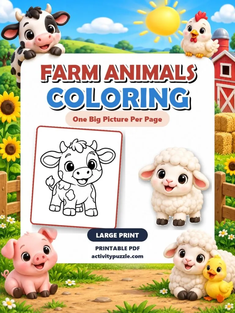 Farm Animals Coloring Pages Large Print (Early Learners) – printable PDF cover