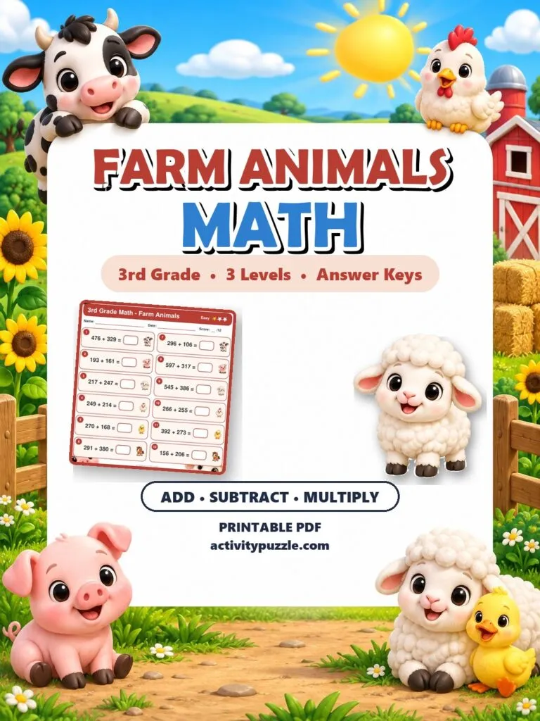Farm Animals Math Worksheets (3rd Grade) – printable PDF cover