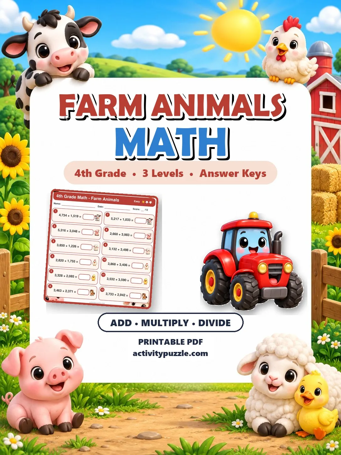 Farm Animals Math Worksheets (4th Grade) – printable PDF cover