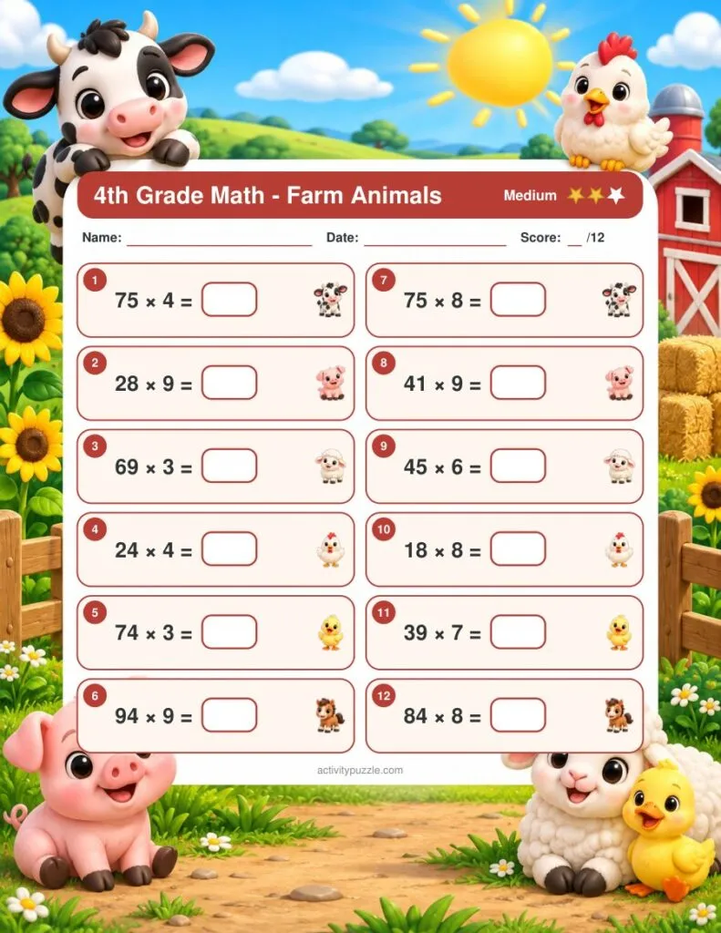 Farm Animals Math Worksheets (4th Grade) – Medium page preview