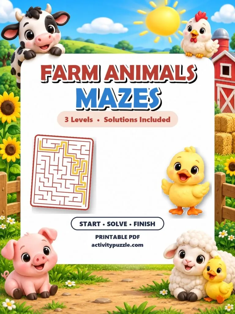 Farm Animals Maze Puzzles (Grades 2-4) – printable PDF cover