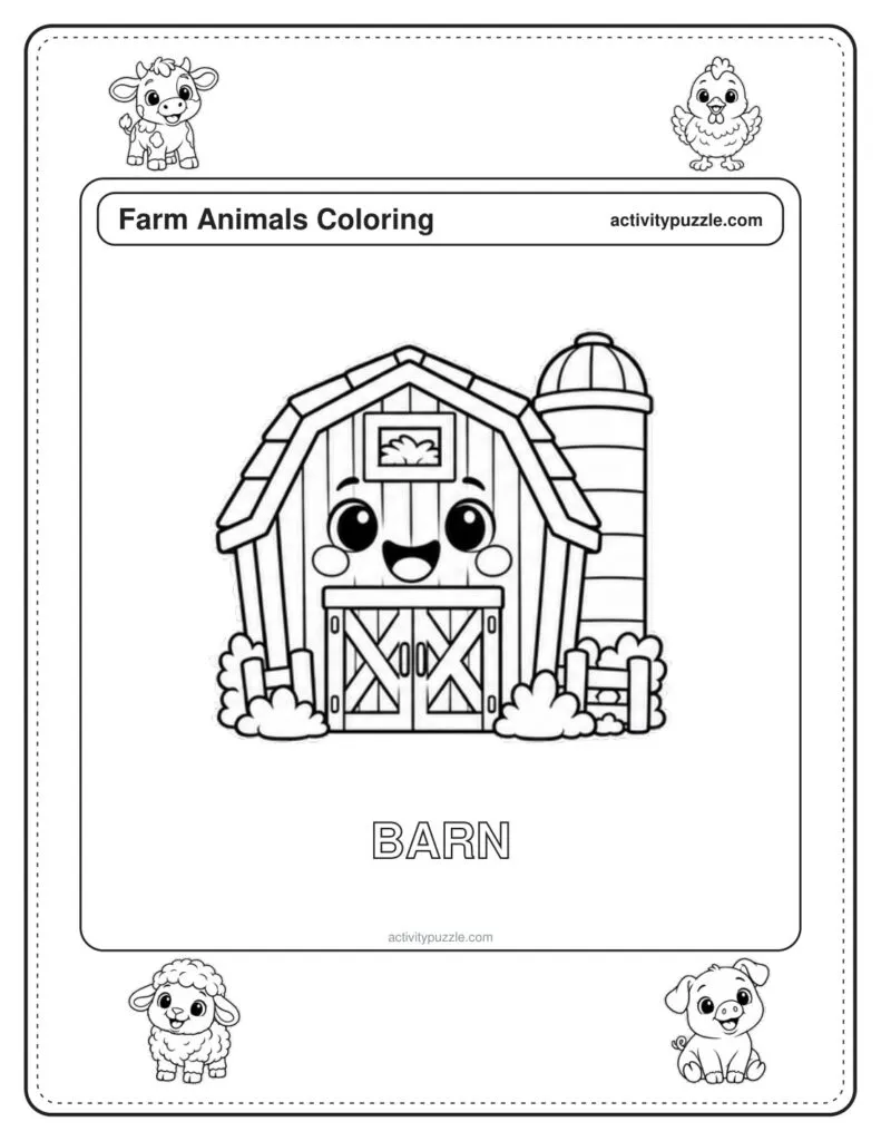 Barn coloring page for kids: a red barn with a big door, a silo beside it and a friendly face, with the word BARN in outline letters