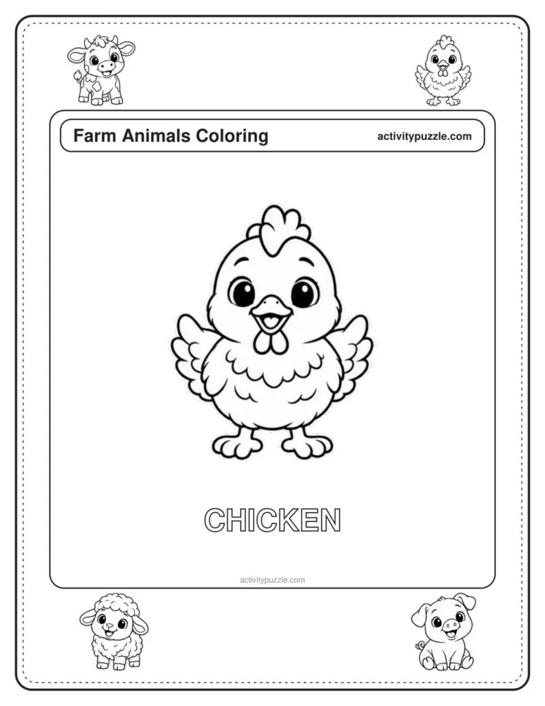 Chicken coloring page for kids: a little chicken flapping its wings, with a comb on top, with the word CHICKEN in outline letters