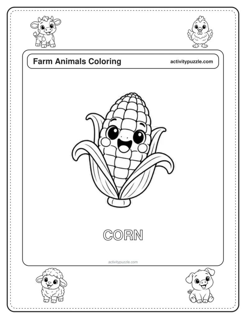 Ear of Corn coloring page for kids: an ear of corn in its leaves, with kernels to color and a smile, with the word CORN in outline letters