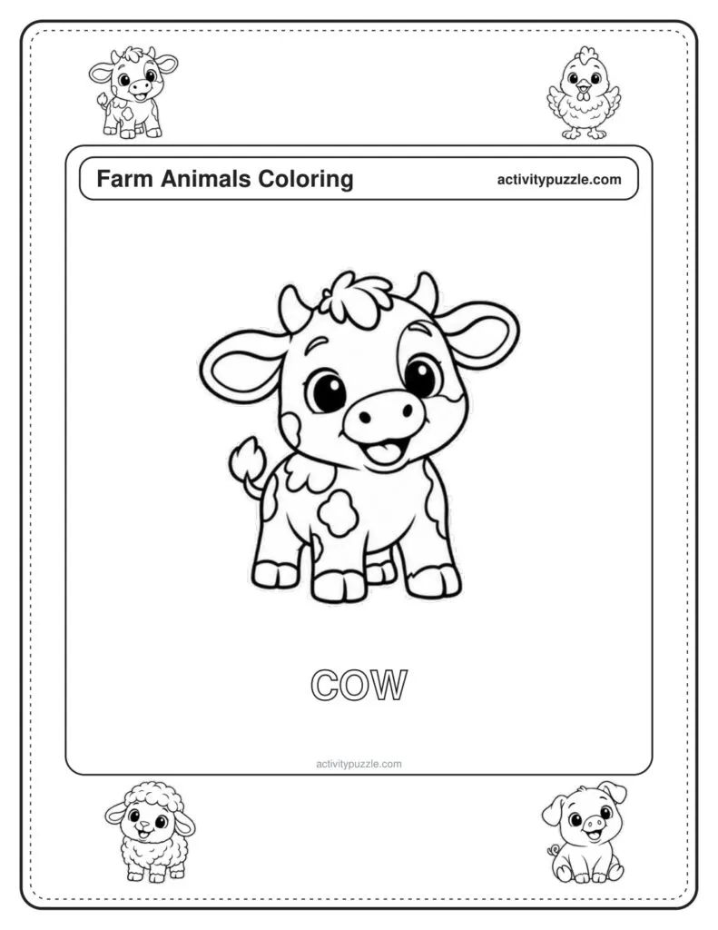 Cow coloring page for kids: a baby cow with spots, little horns and a big smile, with the word COW in outline letters
