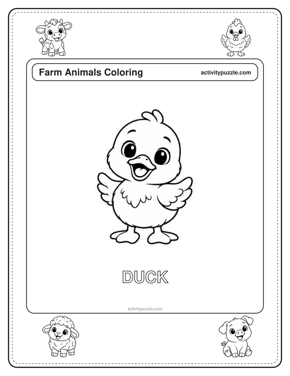 Duck coloring page for kids: a duckling with a flat beak and little wings, smiling, with the word DUCK in outline letters