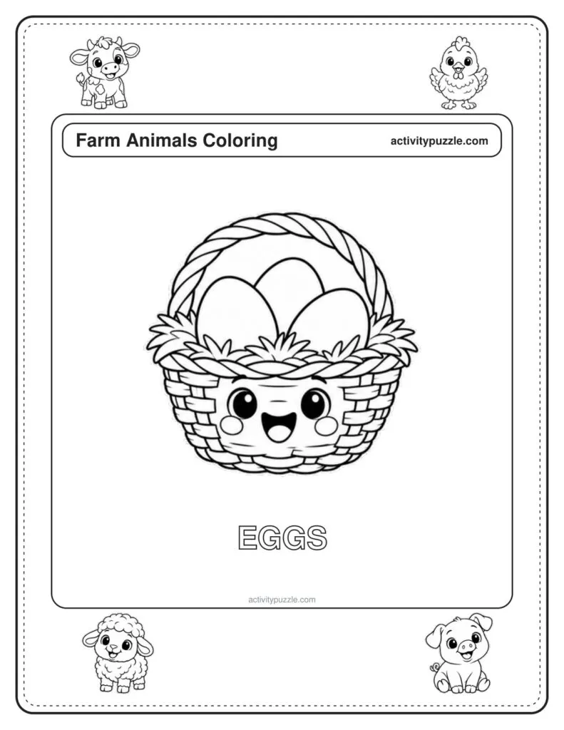Basket of Eggs coloring page for kids: a woven basket full of fresh eggs, with a smiling face, with the word EGGS in outline letters