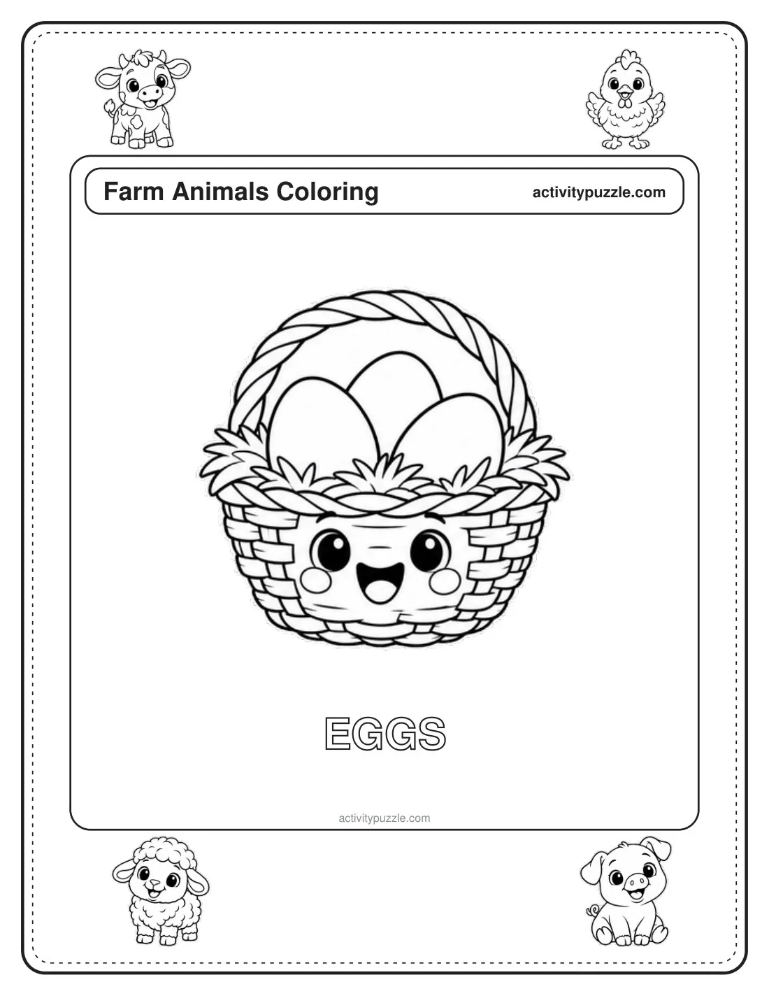 Basket of Eggs coloring page for kids: a woven basket full of fresh eggs, with a smiling face, with the word EGGS in outline letters