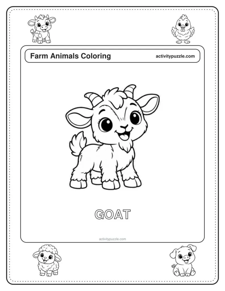 Goat coloring page for kids: a young goat with little horns and a beard, standing and smiling, with the word GOAT in outline letters