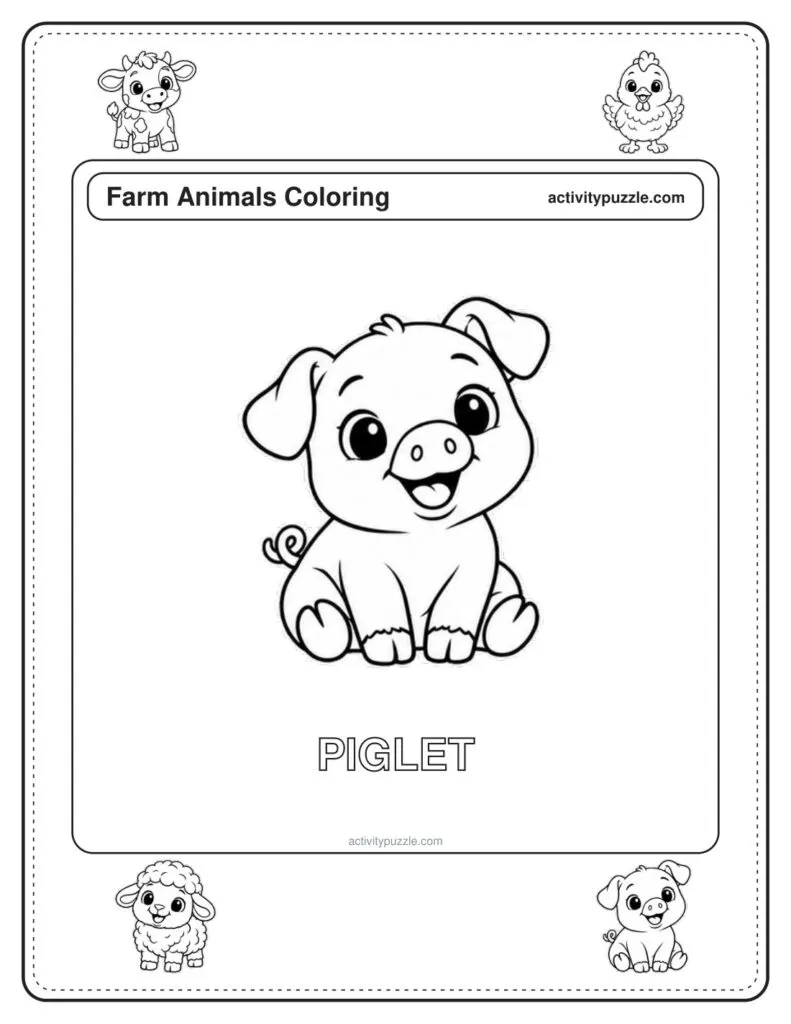 Piglet coloring page for kids: a round piglet with a curly tail and a happy snout, with the word PIGLET in outline letters