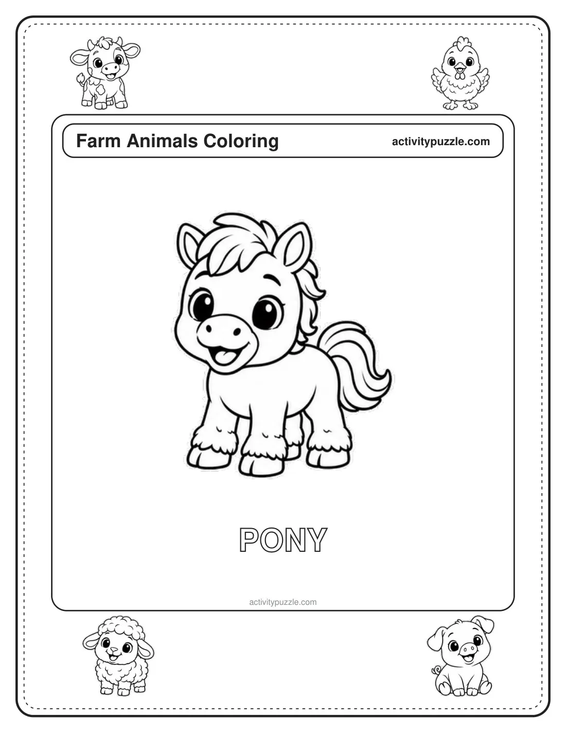 Pony coloring page for kids: a small pony with a flowing mane and a happy face, with the word PONY in outline letters