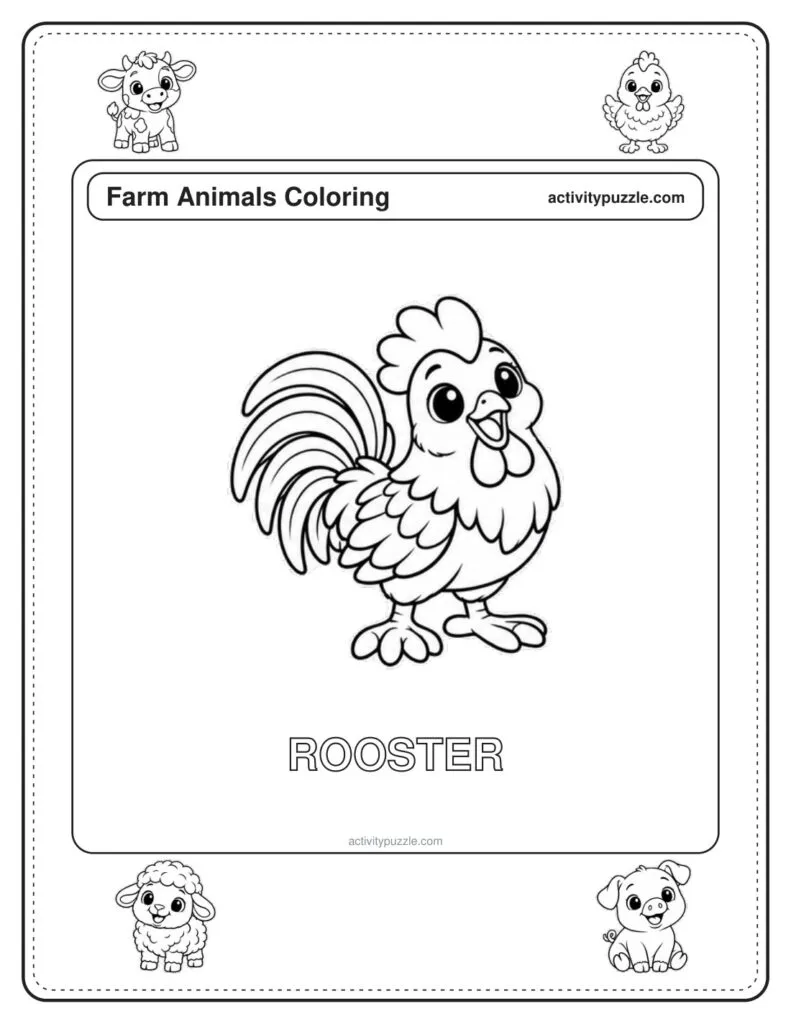 Rooster coloring page for kids: a proud rooster with tall tail feathers and a comb, with the word ROOSTER in outline letters