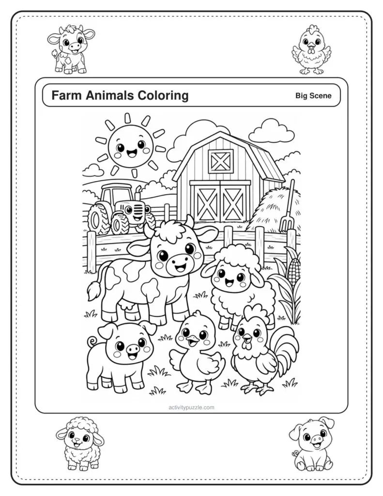 Farm Scene coloring page for kids: a full-page farm scene with a barn, a tractor and farm animals