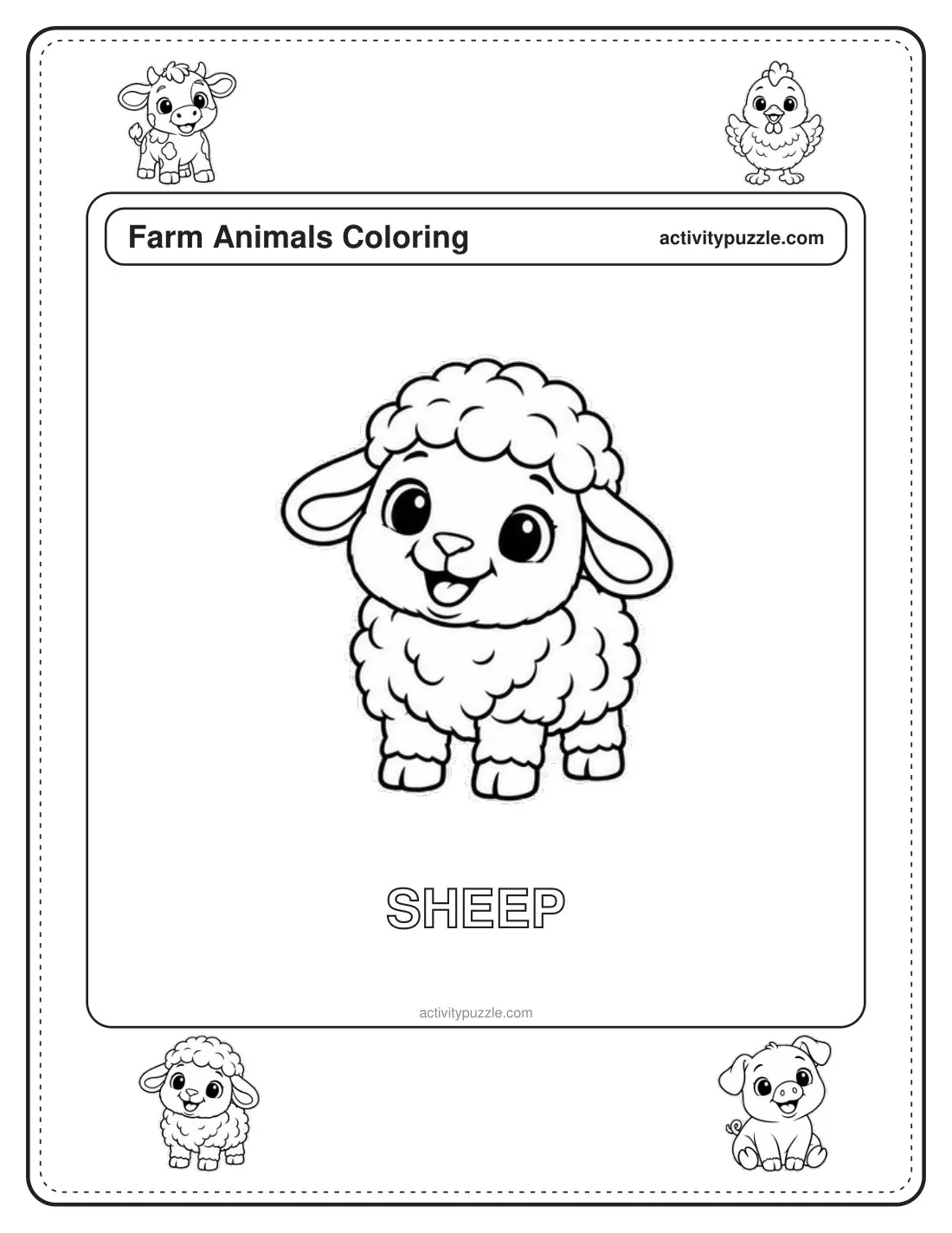 Sheep coloring page for kids: a fluffy sheep with curly wool and a sweet face, with the word SHEEP in outline letters
