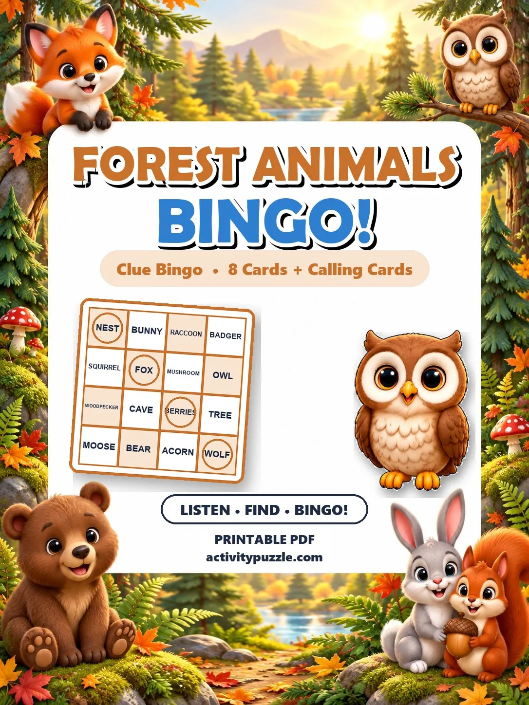 Forest Animals Clue Bingo (Grades 2-4) – printable PDF cover