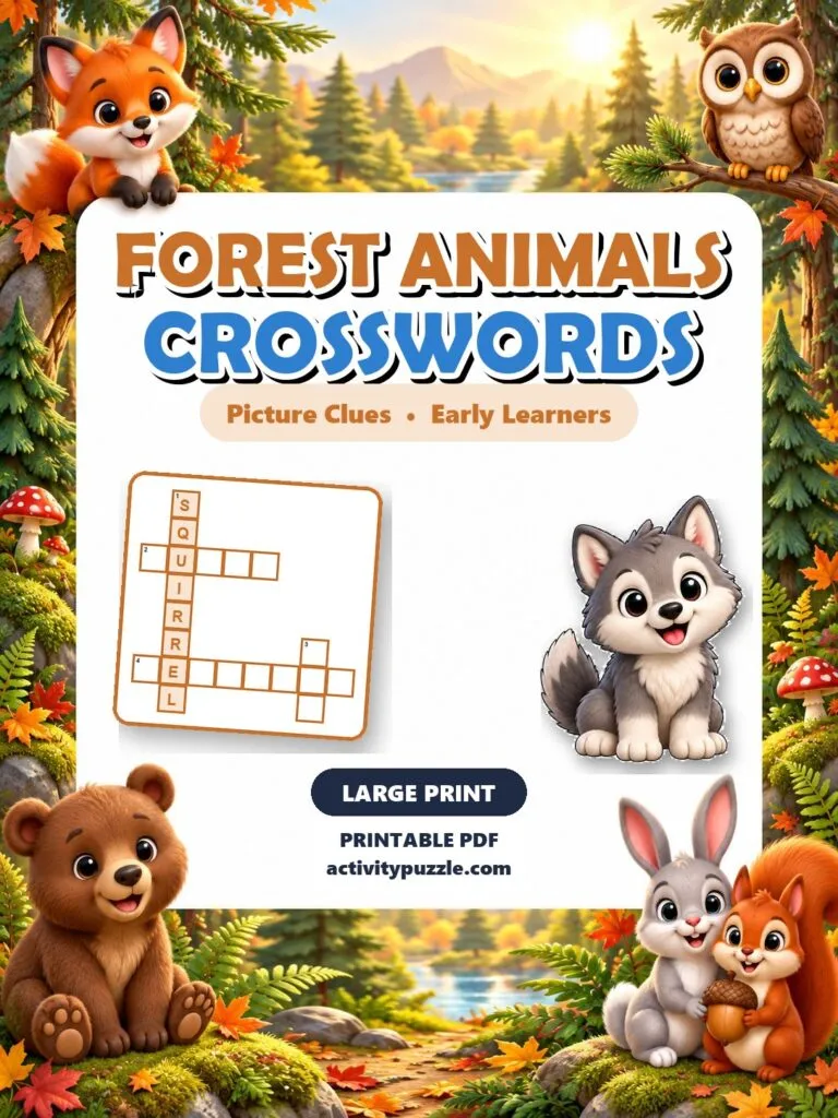 Forest Animals Picture Crosswords Large Print (Early Learners) – printable PDF cover