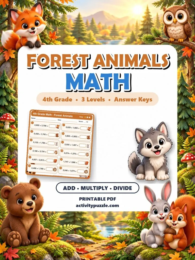 Forest Animals Math Worksheets (4th Grade) – printable PDF cover