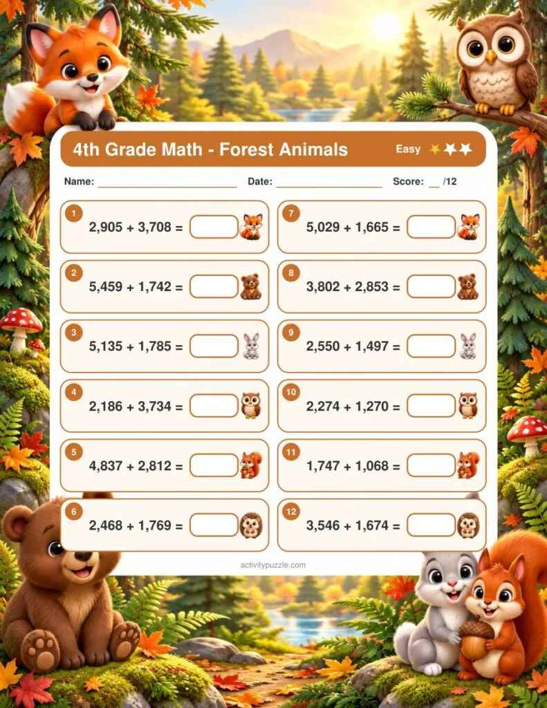 Forest Animals Math Worksheets (4th Grade) – Easy page preview