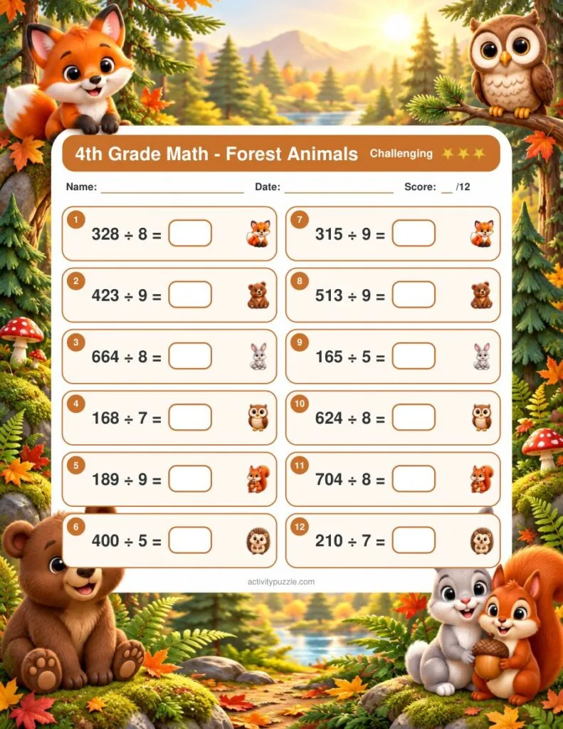 Forest Animals Math Worksheets (4th Grade) – Challenging page preview