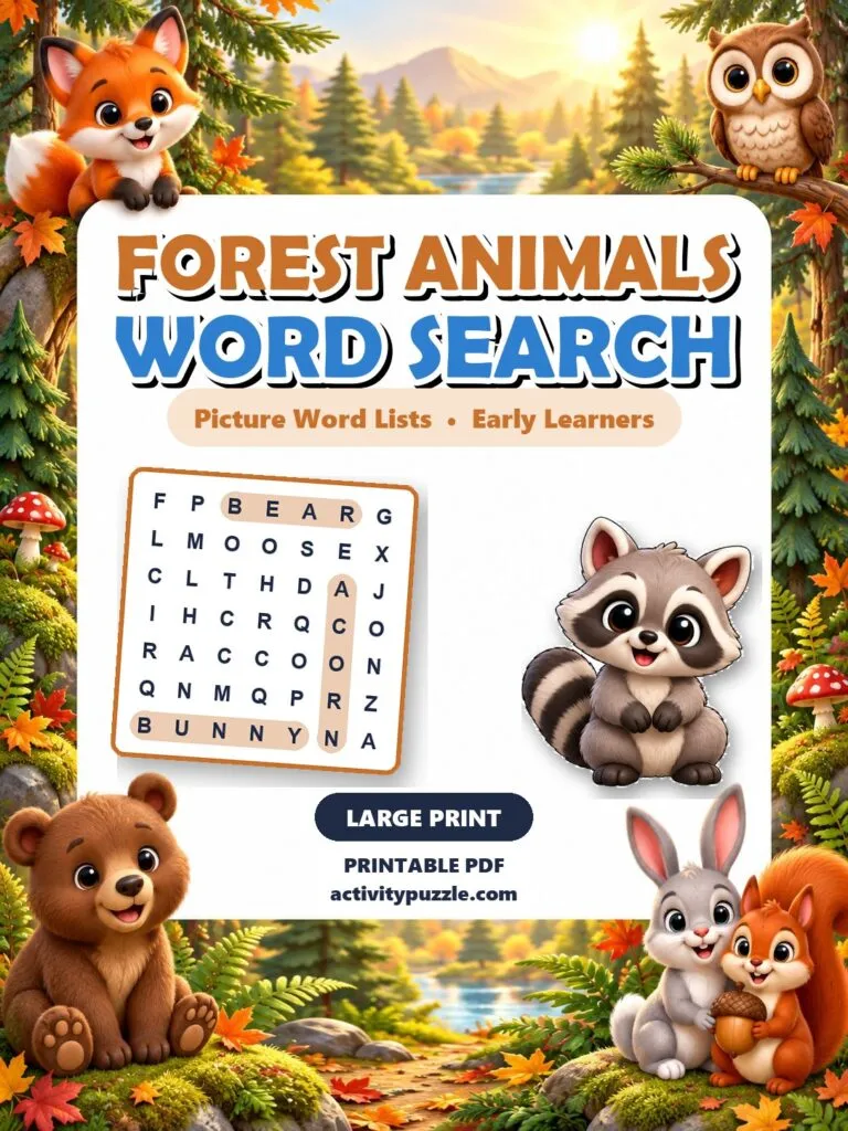 Forest Animals Picture Word Search Large Print (Early Learners) – printable PDF cover