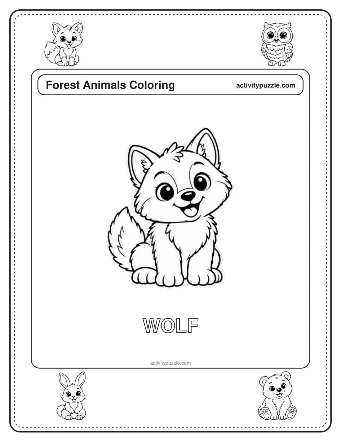 Wolf Pup coloring page for kids: a fluffy wolf pup sitting and smiling, with the word WOLF in outline letters