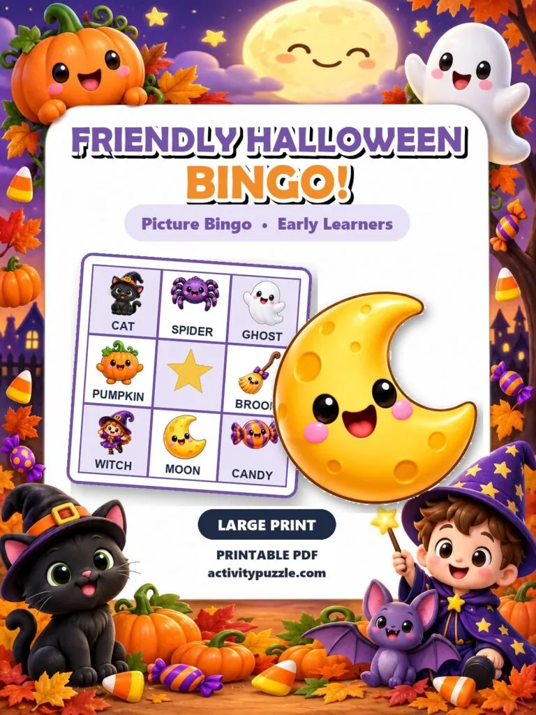 Friendly Halloween Picture Bingo Large Print (Early Learners) – printable PDF cover