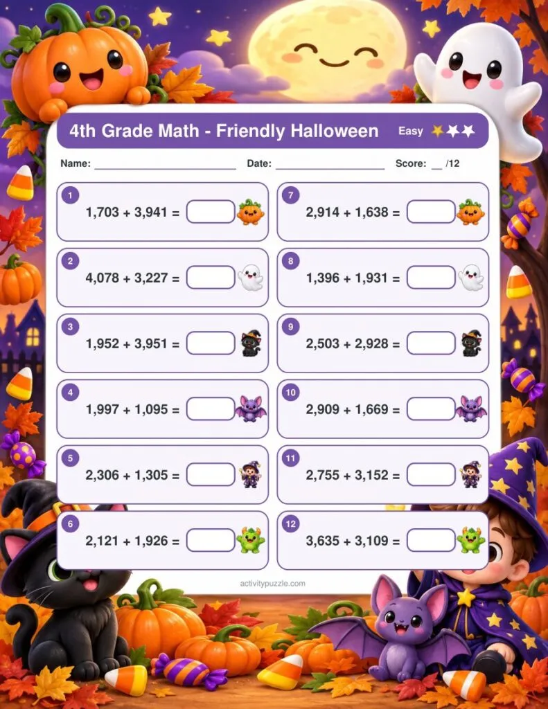 Friendly Halloween Math Worksheets (4th Grade) – Easy page preview