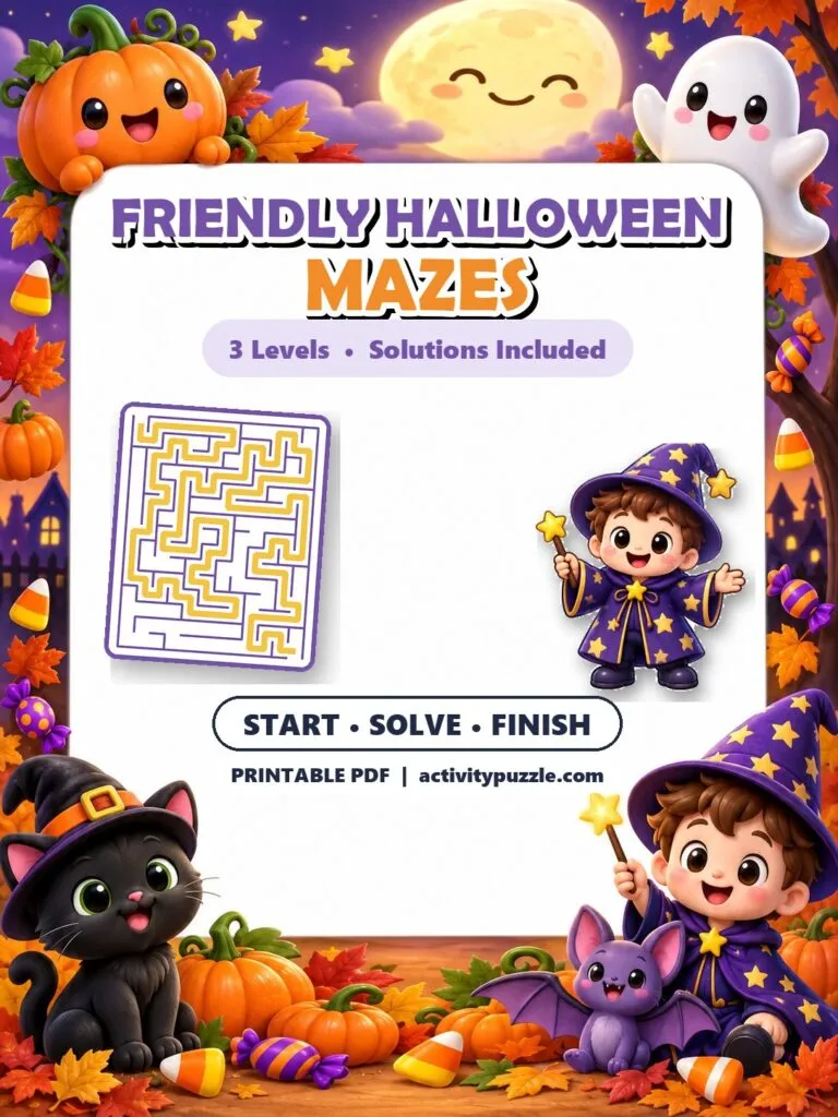 Friendly Halloween Maze Puzzles (Grades 2-4) – printable PDF cover