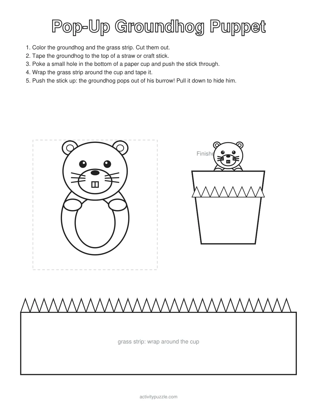 Pop-up groundhog puppet craft: a groundhog to cut out, a grass strip and a drawing of the finished cup puppet