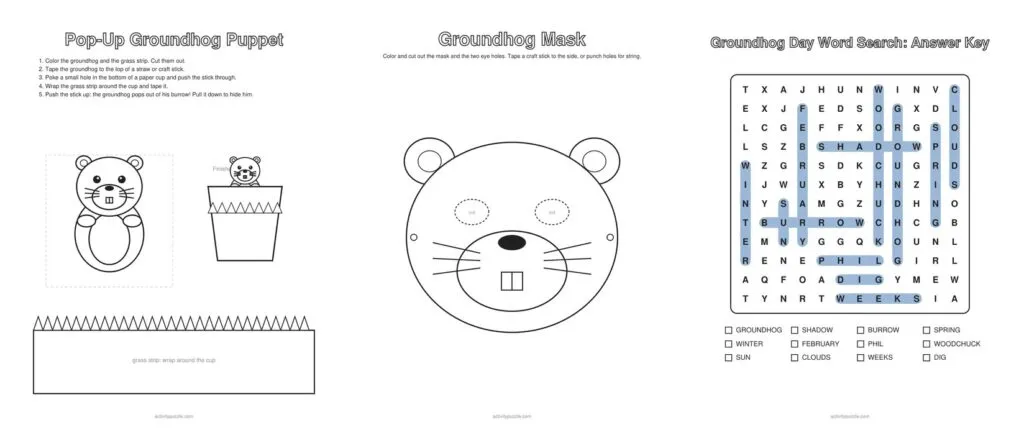 Preview of the Groundhog Day pages: the shadow prediction graph, the coloring page and the fact file