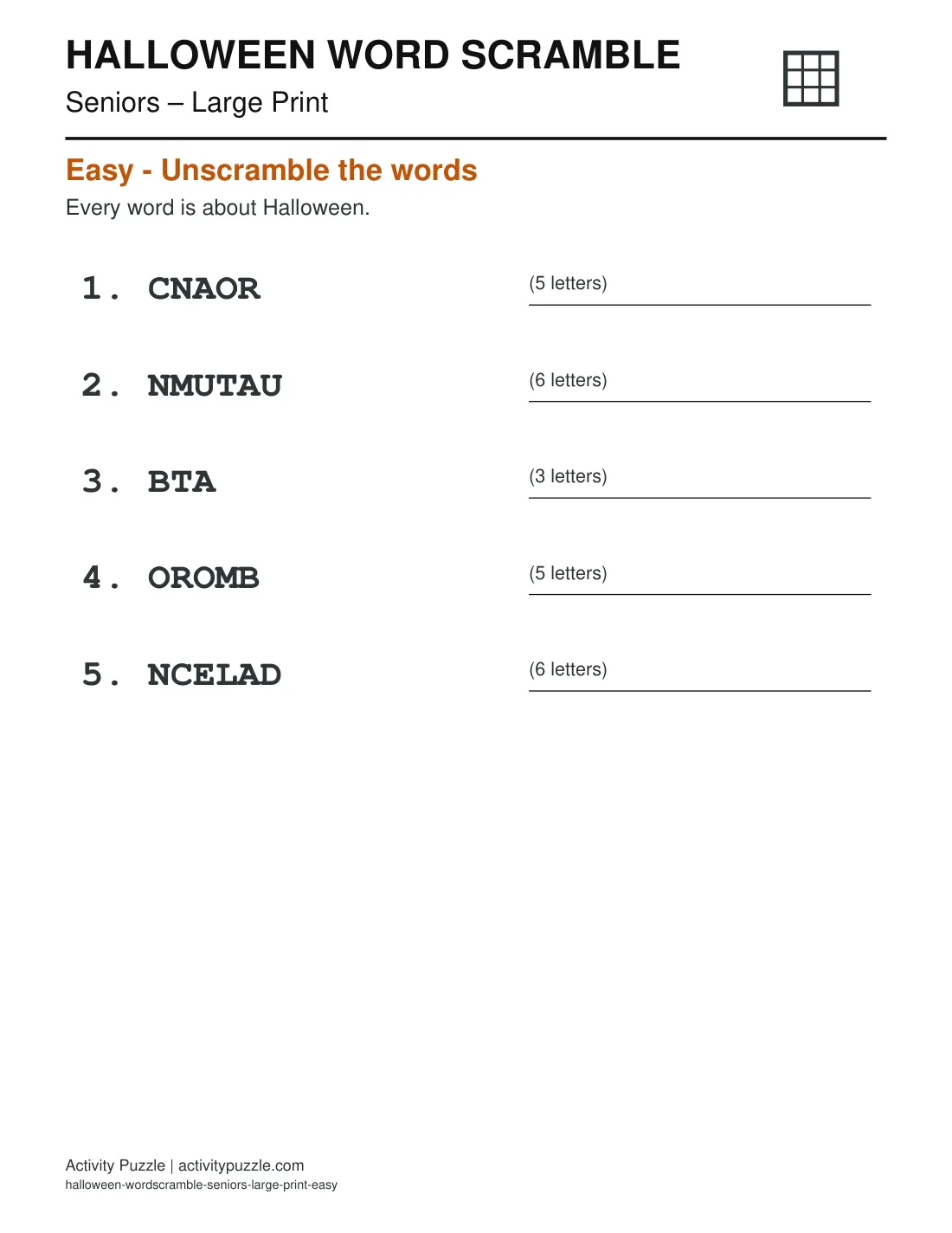 Halloween Word Scramble Large Print for Seniors – printable PDF cover