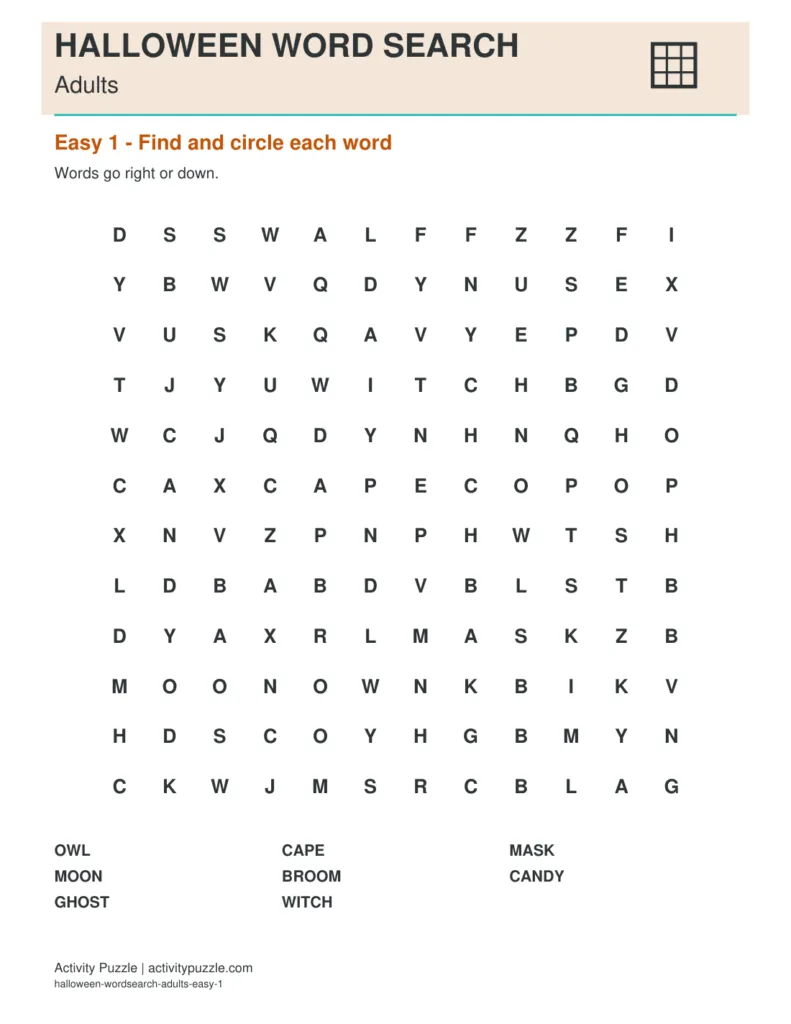 Halloween Word Search for Adults – printable PDF cover