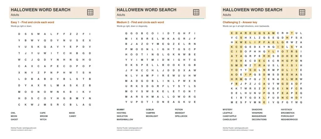 Halloween Word Search for Adults – preview of the pages inside