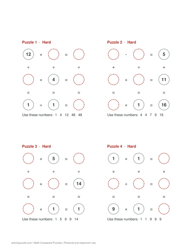 Math crossword puzzle page with all four operations: four puzzles with multiplication and division