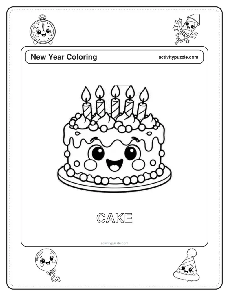 Party Cake coloring page for kids: a layered cake with candles on top and a happy face, with the word CAKE in outline letters