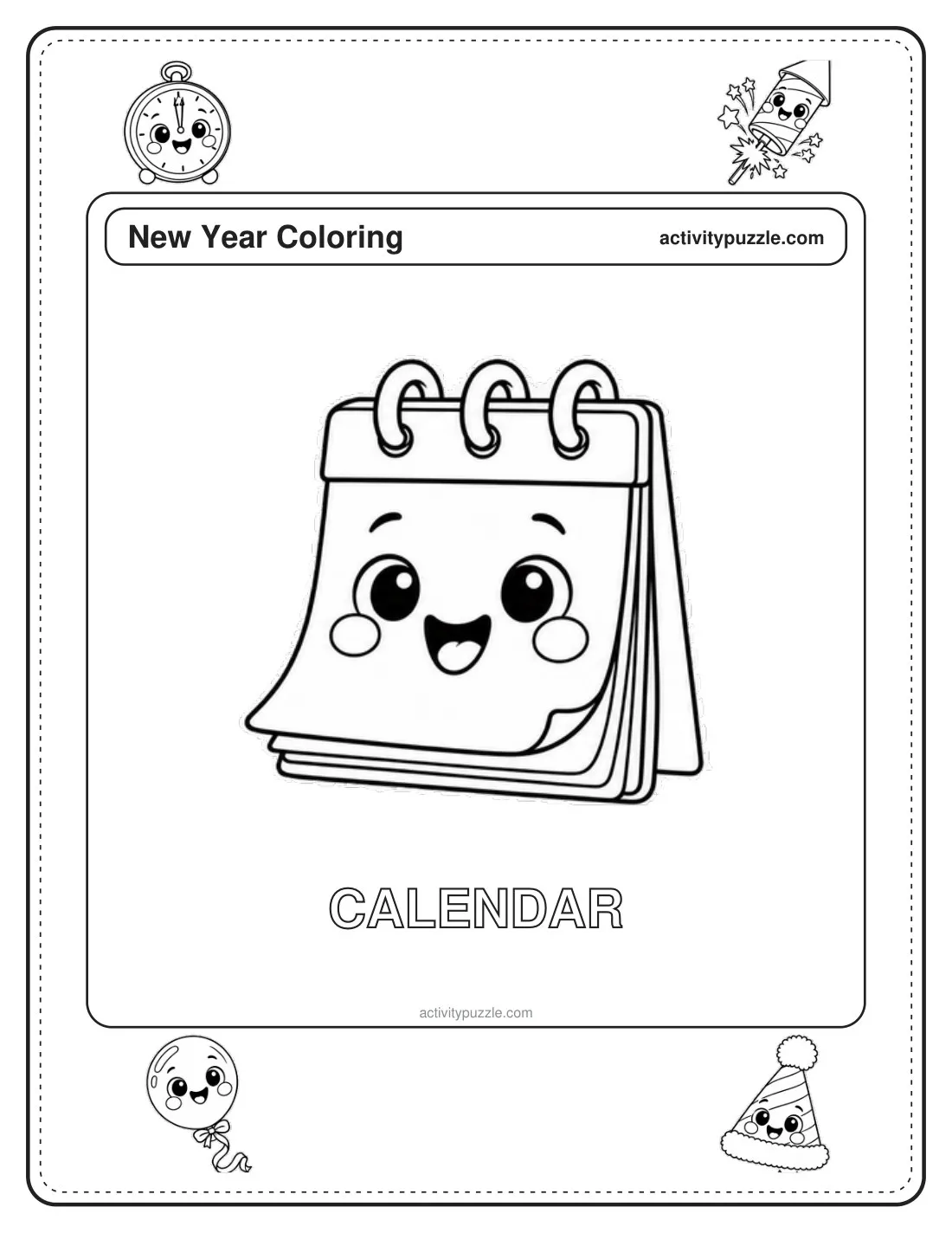 Calendar coloring page for kids: a ring-bound calendar page with a smiling face, with the word CALENDAR in outline letters