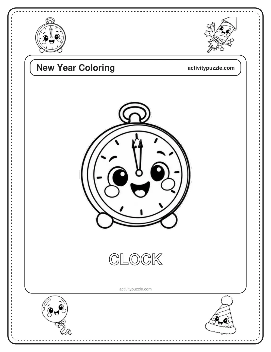 Midnight Clock coloring page for kids: an alarm clock showing midnight, with a smiling face, with the word CLOCK in outline letters