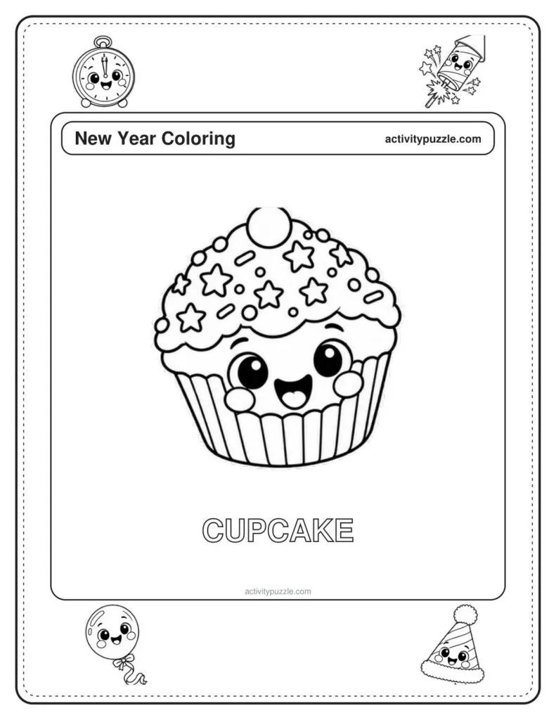 Cupcake coloring page for kids: a frosted cupcake with sprinkles and stars, with the word CUPCAKE in outline letters