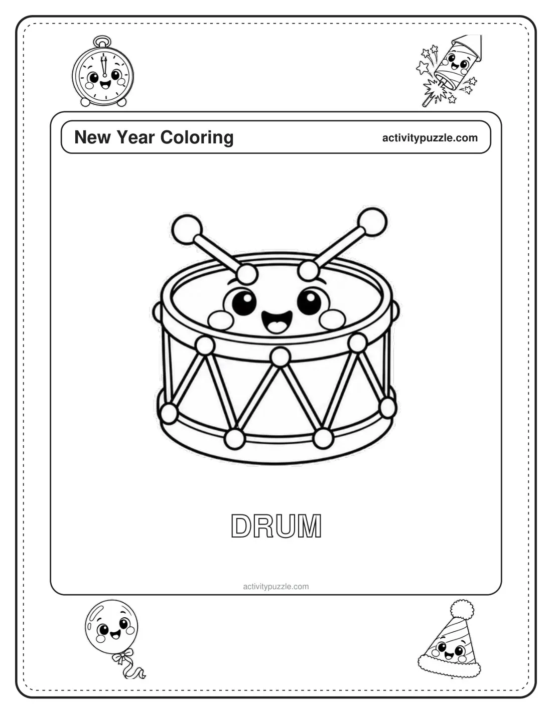 Drum coloring page for kids: a drum with drumsticks on top, ready for the countdown, with the word DRUM in outline letters