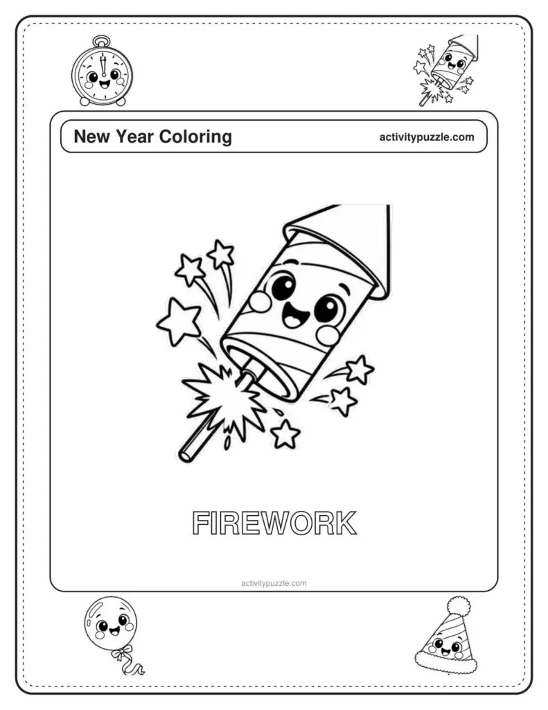 Firework coloring page for kids: a firework rocket with bursting stars and sparkles, with the word FIREWORK in outline letters