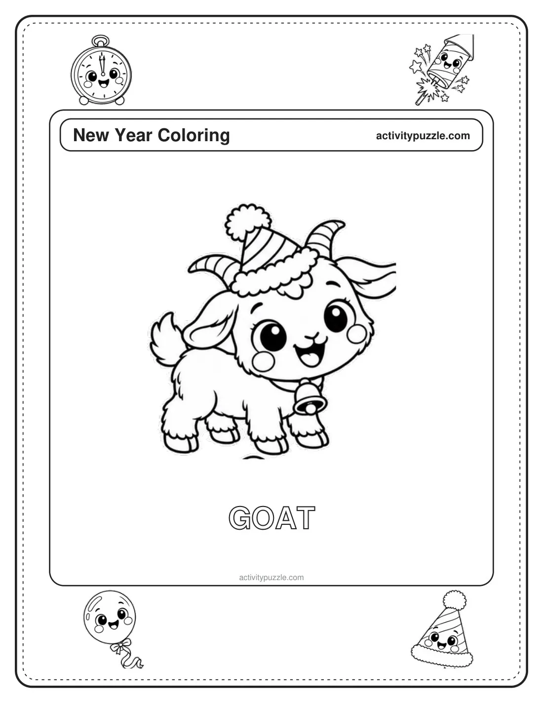 Goat coloring page for kids: a little goat in a party hat for the new year, with the word GOAT in outline letters